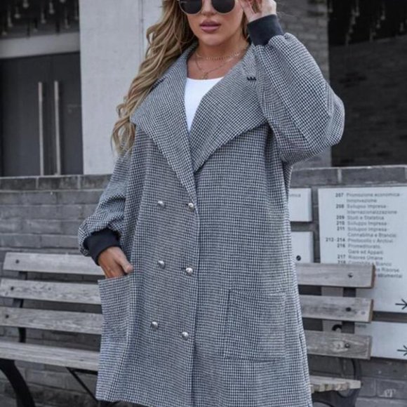 Plus Houndstooth Print Lantern Sleeve Double Breas - Picture 2 of 7